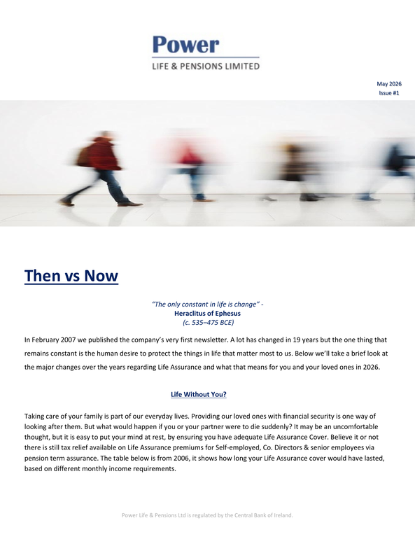 Power Life & Pensions May 2026 newsletter cover - Then vs Now